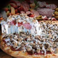 Meaty Mafioso Pizza · Classic red sauce, mozzarella and Muenster cheese, pepperoni, Genoa salami, Italian sausage,...