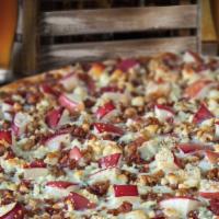 Pig in the Apple Tree Pizza · Classic red sauce, mozzarella and Muenster cheese, bacon, diced apples, black walnuts, Gorgo...