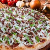 The Works Pizza · Classic red sauce, mozzarella and Muenster cheese, pepperoni, Italian sausage, bacon, white ...