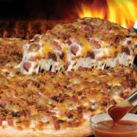 Big Daddy BBQ Pizza · BBQ sauce, mozzarella and Muenster cheese, Italian sausage, ham, bacon, cheddar cheese.