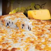 Cheese Fantasia Pizza · Classic red sauce, mozzarella, Muenster, feta, provolone, Gorgonzola, cheddar cheese.