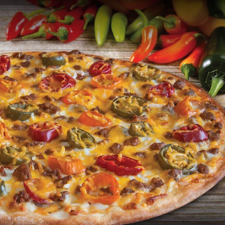 Fire in the Hole Pizza · Classic red sauce, mozzarella and Muenster cheese, chorizo sausage, tri-colored jalapenos, white onions, cheddar cheese. Spicy.