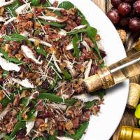 Bacon Spinach Salad · Spinach, bacon, shiitake mushrooms, dried cranberries, black walnuts, candied walnuts, Parme...