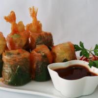 SPICY SHRIMP TEMPURA ROLLS · Fresh rolls stuffed with shrimp tempura, cucumber, lettuce, carrot, tomatoes, celery, jalape...