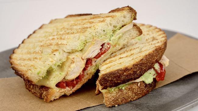 Chicken Pesto Panini · Roasted chicken, provolone cheese, roasted red peppers & basil mayo