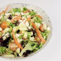 House Salad · Large size.  Mixed greens, cucumbers, carrots, tomato, scallions & feta cheese with house vi...