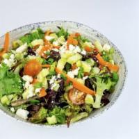 Small House Salad · Mixed greens, cucumbers, carrots, tomato, scallions & feta cheese with house vinaigrette