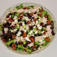 Turkey and Goat Cheese Salad · Mixed greens, sliced turkey, dried cranberries, chives, goat cheese & sweet-n-spicy pecans w...