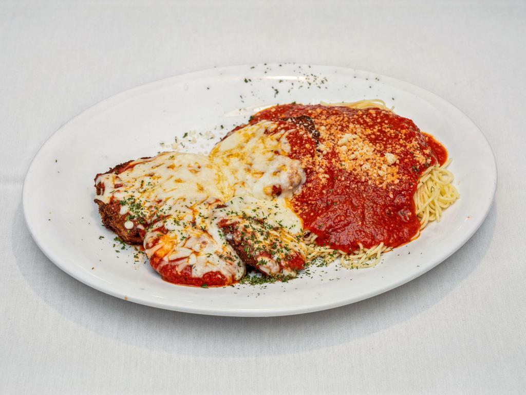 Eggplant Parmesan · Seasoned eggplant topped with red sauce and mozzarella.