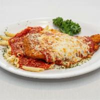 Chicken Parmesan · Breaded chicken breast with red sauce and topped with mozzarella.