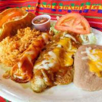 11. Combination Plate · Beef and Papa Taco, Cheese Enchilada and Chile Relleno served with Beans and Rice.