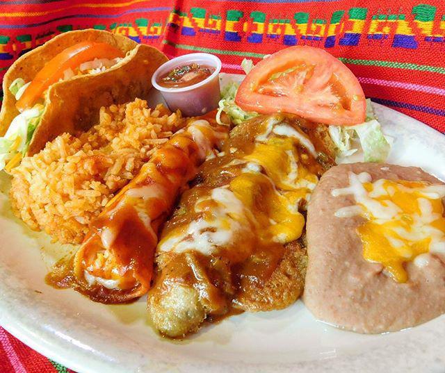11. Combination Plate · Beef and Papa Taco, Cheese Enchilada and Chile Relleno served with Beans and Rice.