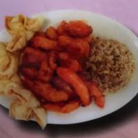4. Sweet and Sour Combo, Pork Fried Rice and a Crab Puff · Combo comes with sweet and sour chicken, pork and shrimp.