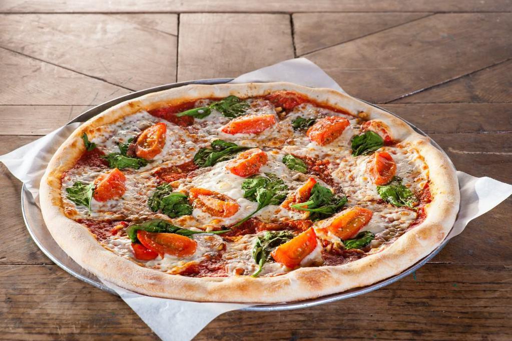Margherita Pizza · Mama's take on an Italian classic… our rich pizza sauce, marinated and roasted Roma tomatoes, roasted garlic, fresh basil and mozzarella cheese.