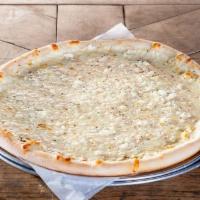 4 Cheese Alfredo Pizza · Alfredo sauce, roasted garlic, mozzarella, provolone, feta and Romano.