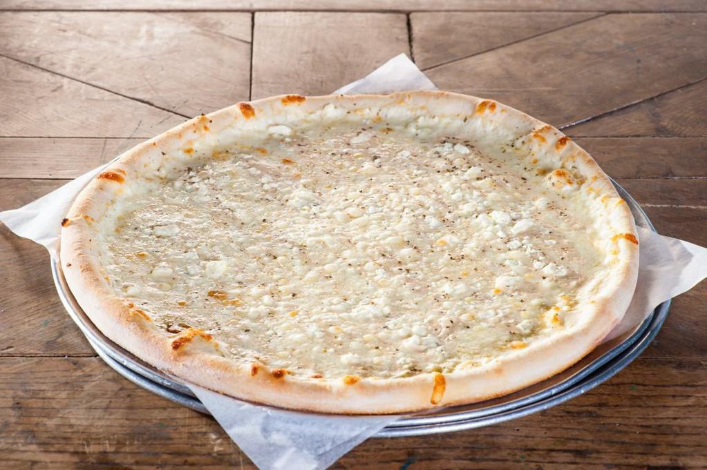 4 Cheese Alfredo Pizza · Alfredo sauce, roasted garlic, mozzarella, provolone,  feta and Romano cheese.