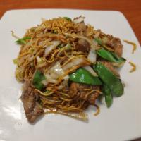 Beef Lo Mein · Beef, bean sprout, onion, cabbage, peapod and carrot.