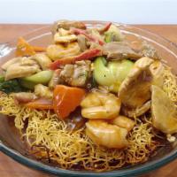 Chicken Pan Fried Noodle · Chicken, baby bokchoy, mushroom, carrot and pan fried egg noodle.