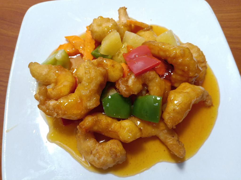 Sweet and Sour Shrimp · Breaded shrimp, bell pepper, carrot, pineapple with sweet and sour sauce.