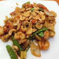 Shrimp with Cashew Nuts · Shrimp, cashew nut, water chestnut, baby corn, celery, carrot, mushroom, onion and peapod.