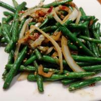 Szechwan Green Bean · Green bean tossed with ginger, garlic, onion and preserved vegetable in a spicy Szechwan sau...
