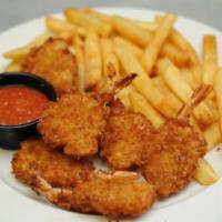 Fried Shrimp With Fries (6) · 6 Pieces of Butterfly Breaded Shrimp Served with Tartar, Sweet Chili Sauce and a Choice of F...