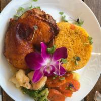 Roasted Chicken/Pollo Al Horno · Served with choice of rice 