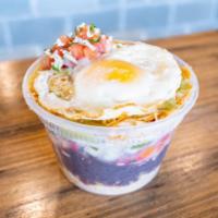 Cup O Bamba · Choice of traditional meat, rice, beans, crumbled chips, cheese, pickled jalapeno, salsa ver...