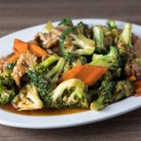 Broccoli Beef · Beef stir-fried with Broccoli and carrots in our house brown sauce.