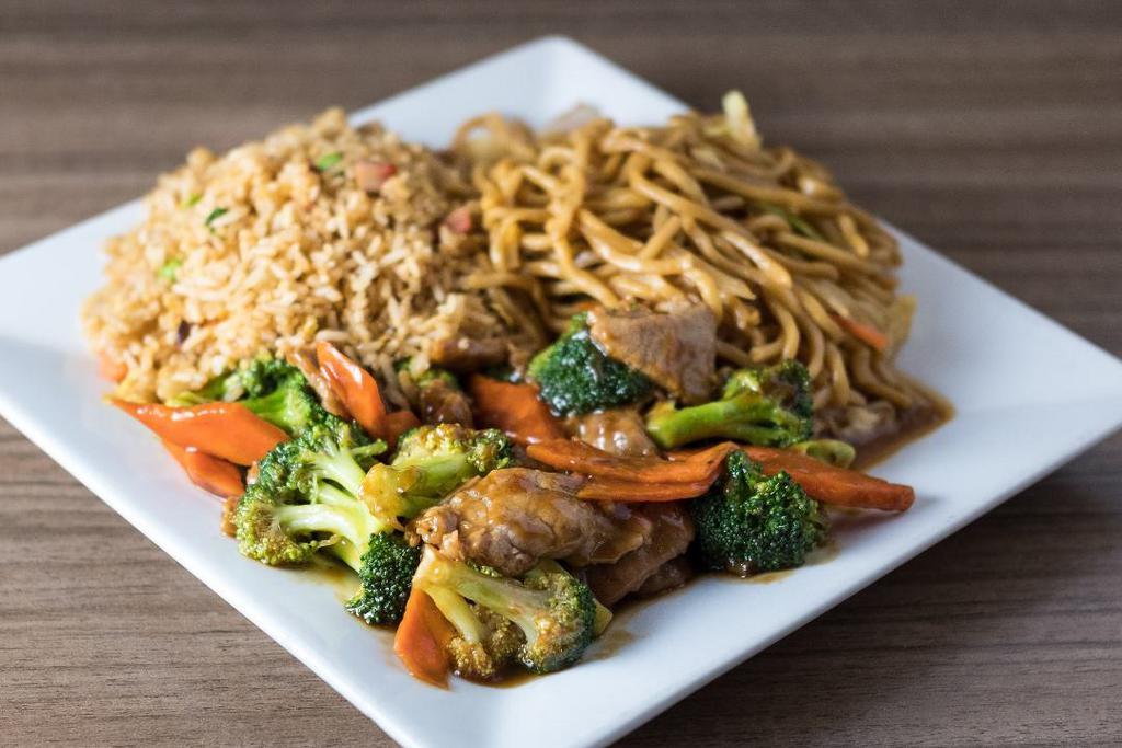 Broccoli Beef Dinner Combo · Includes 2 potstickers and choice of 2 sides.