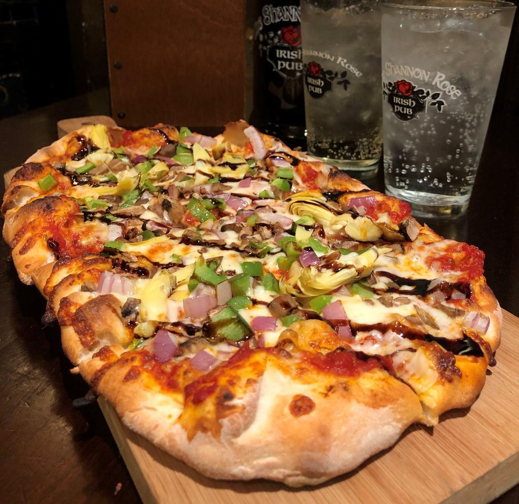 Veggie Lovers' · Feeds 1 -2 people. Mushrooms, peppers, red onions, artichokes, topped with balsamic glaze.