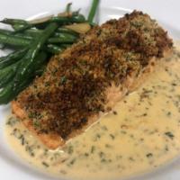 Herb-Encrusted Salmon · Herb & Mustard Encrusted Salmon served with green beans and a mustard, chive cream sauce. 