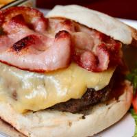 The Dublin Burger · Irish cheddar cheese and Irish bacon on a toasted English muffin with lettuce, beefsteak tom...