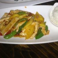 Tropical Mango Sauce · Served with assorted vegetables. Mild spicy.