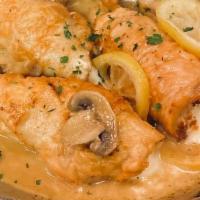 Chicken Braciolettine · 2 chicken breasts stuffed and rolled with prosciutto and cheese, sauteed in lemon, butter, d...
