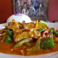 Pad Ped Catfish · Filet catfish with red curry sauce, green beans, red and green bell peppers, bamboo shoots a...