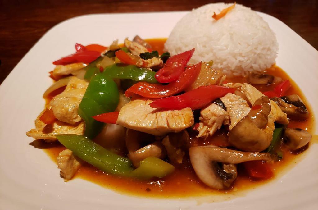 Basil Stir-fry · Your choice of meat or vegetables sauteed with basil, chili, red and green bell peppers, fresh mushrooms, onions and a touch of fresh basil leaves. Come with a side of steamed jasmine rice.