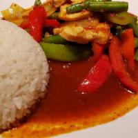 Thai Chili Stir-fry · Sweet and spicy sauce, green beans, chili, red and green bell peppers, onions and your choic...