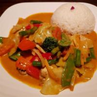 Spicy Stir-fry · Red curry sauce, green beans, red and green bell peppers, onions, bamboo shoots and your cho...
