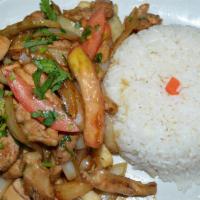 12. Lomo Saltado de Pollo con Arroz · Sauteed slice chicken with onions, tomatoes and french fries served with rice.