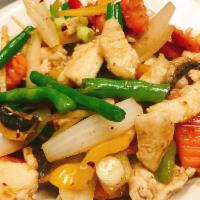 Zesty Ginger · Stir-fried Fresh ginger, mung bean, mushroom, bell peppers, onion, and snow pea in ginger sa...
