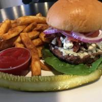 BACON BLEU BURGER · If This Isn't Your Favorite Burger, It Should Be!  We Start with a Full Half Pound Beef Patt...