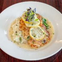 Broadway parmesan Chicken · Parmesan encrusted, Lemon butter white wine sauce, spinach and mashed potatoes
