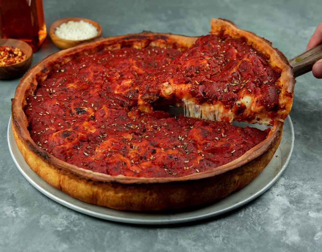 Build Your Own Deep Dish Pizza · Start with whole milk mozzarella and homemade tomato sauce then add your favorite toppings.