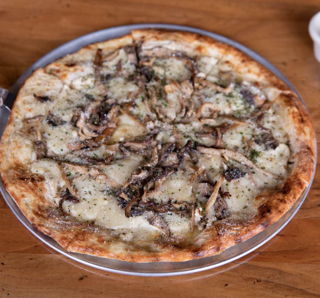 Funghi Thin Crust Pizza · Seasonal herb-roasted mushrooms, fontina cheese, herbed ricotta and Parmesan. Made with extra fine 