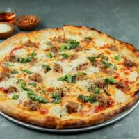 Tre Porcellini Thin Crust Pizza · Salami, all-natural garlic-fennel sausage, pepperoni, mozzarella, homemade tomato sauce, Par...