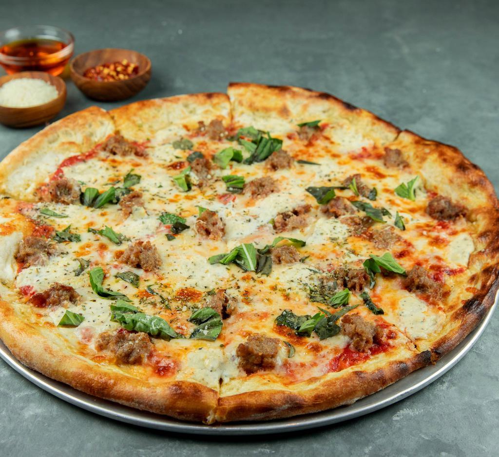 Tre Porcellini Thin Crust Pizza · Salami, all-natural garlic-fennel sausage, pepperoni, mozzarella, homemade tomato sauce, Parmesan. Made with extra fine 