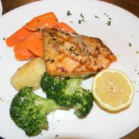 Grilled Salmon · Served with lemon wedges and vegetables. Dinners are served with a side of  vegetables.