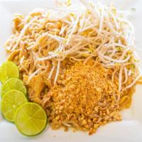 N1. Pad Thai · Stir-fried rice noodles, egg, green onions, and bean sprouts. Topped with crushed peanuts, a...