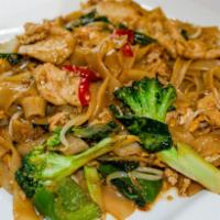 N3. Drunken Noodles · Stir-fried wide rice noodles, Chinese greens, broccoli, green and red bell peppers, egg, gar...